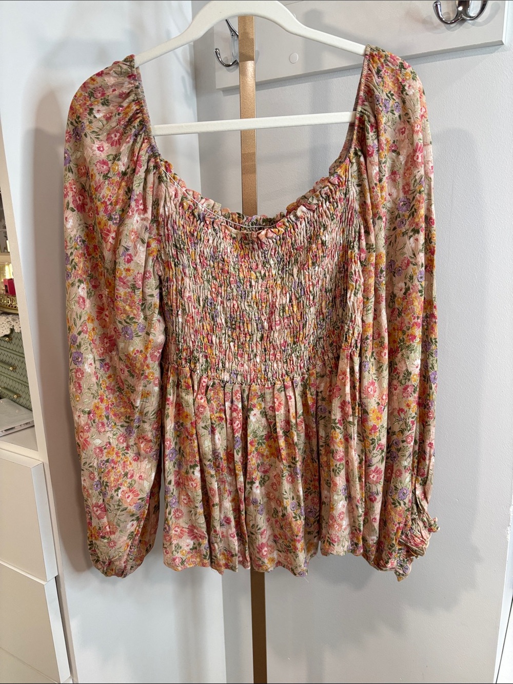 BiBi Pink Floral Smocked Peasant Blouse - Picture 2 of 2